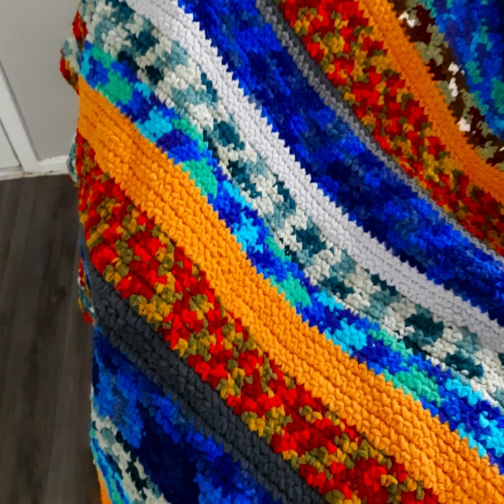 BOHO MULTICOLORED HANDCRAFTED AFGHAN THROW CROCHETED ANGULAR 57" x 58"